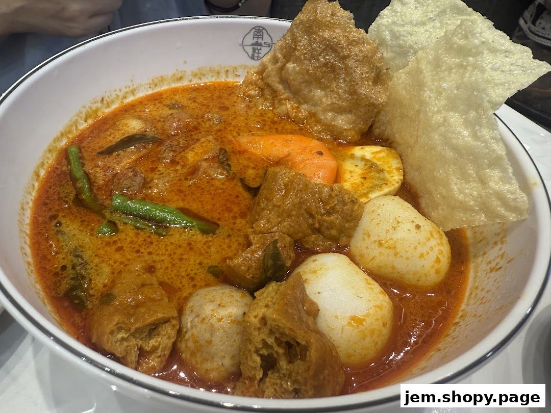 A close-up of a rich, flavorful curry noodle dish with various ingredients.