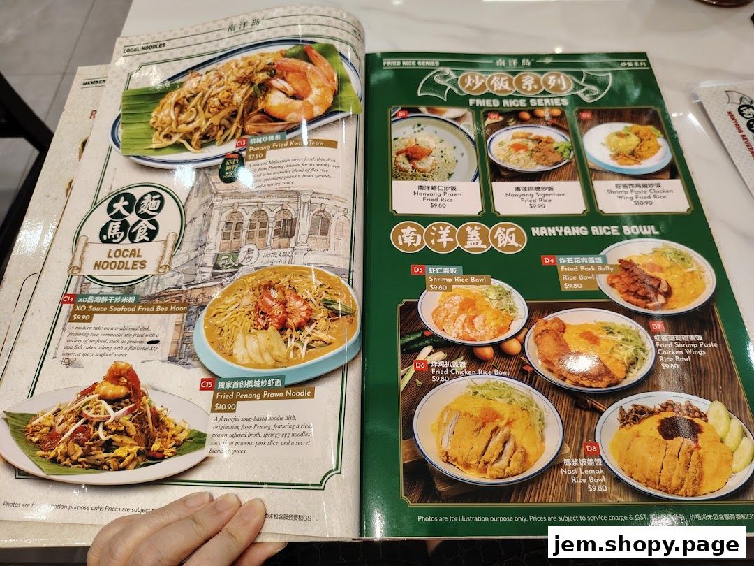 A menu from Nan Yang Dao featuring local noodles and rice bowls with prices.