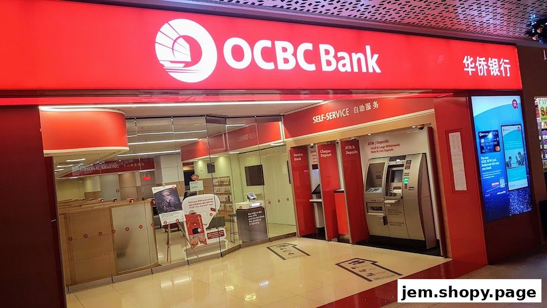 The exterior of an OCBC Bank branch with self-service options and ATMs visible.