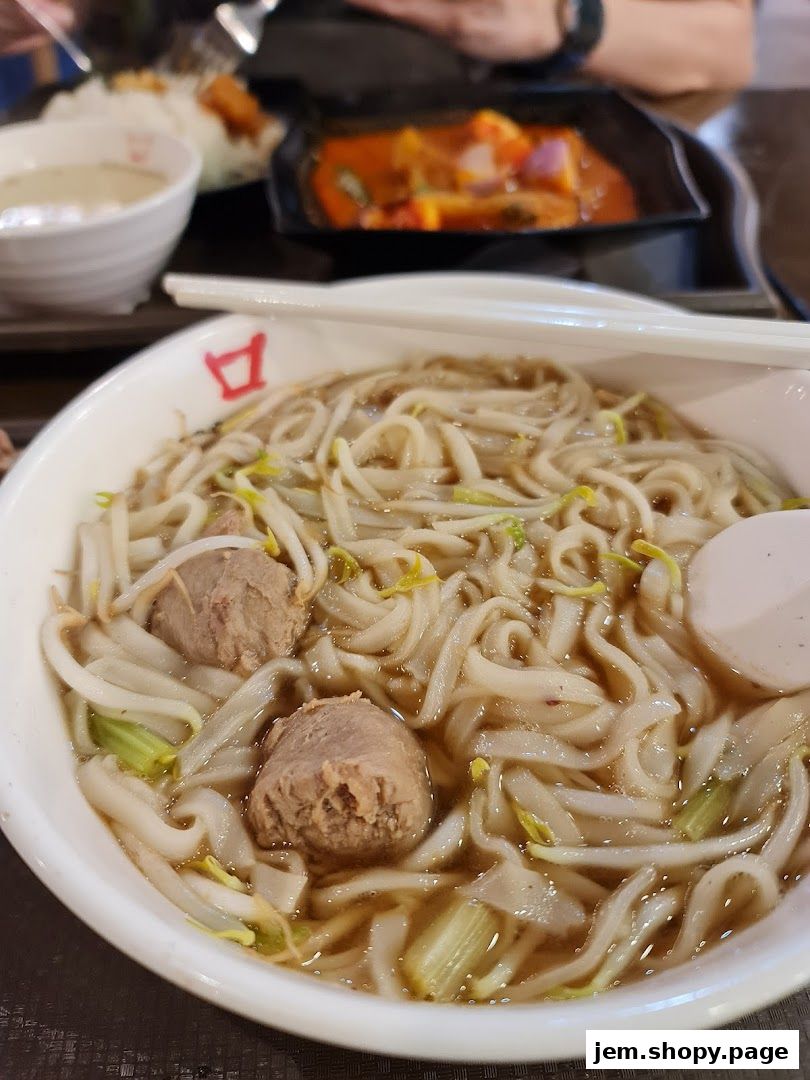 A close-up of a steaming bowl of beef noodles with meatballs and bean sprouts.