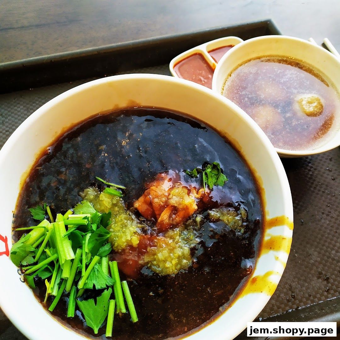 A close-up of a bowl of dark beef noodles with chopped scallions and garlic.