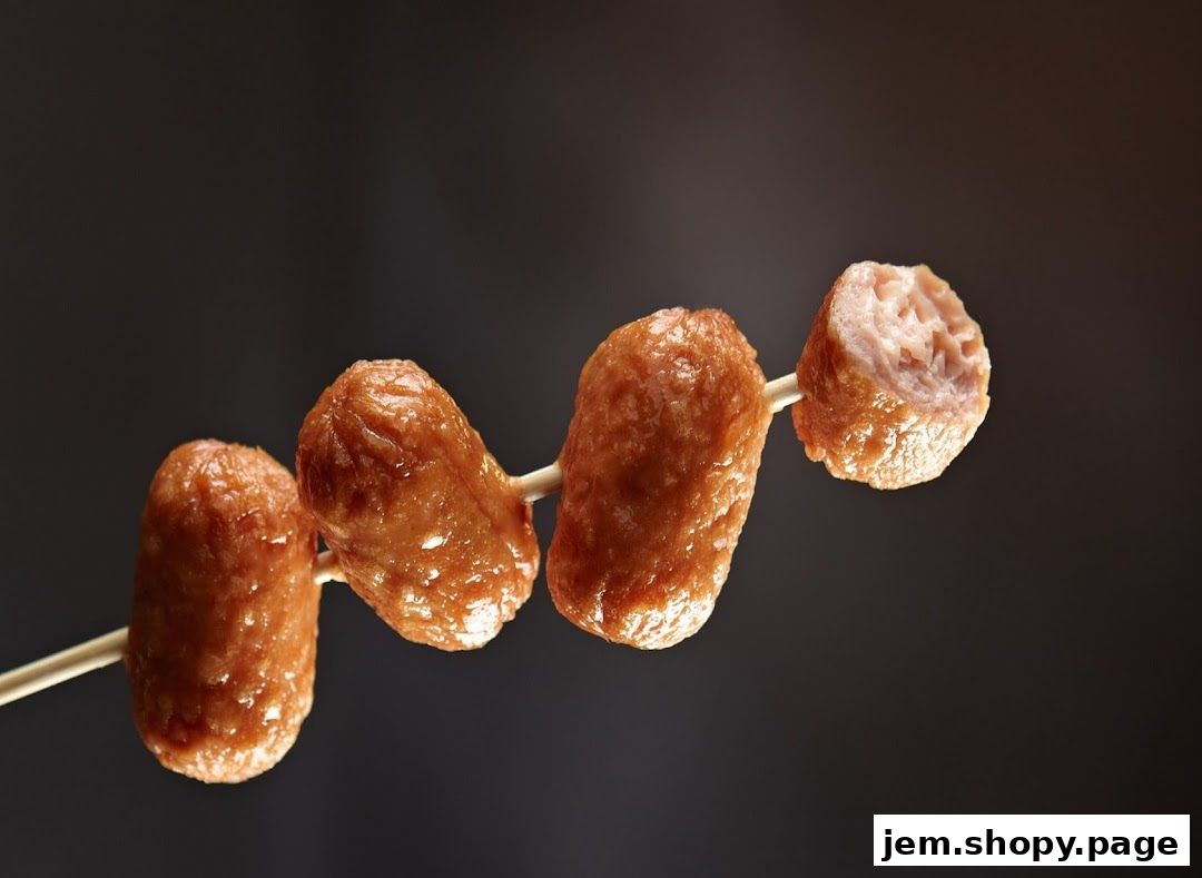A close-up shot of mini sausages on a skewer against a dark background.