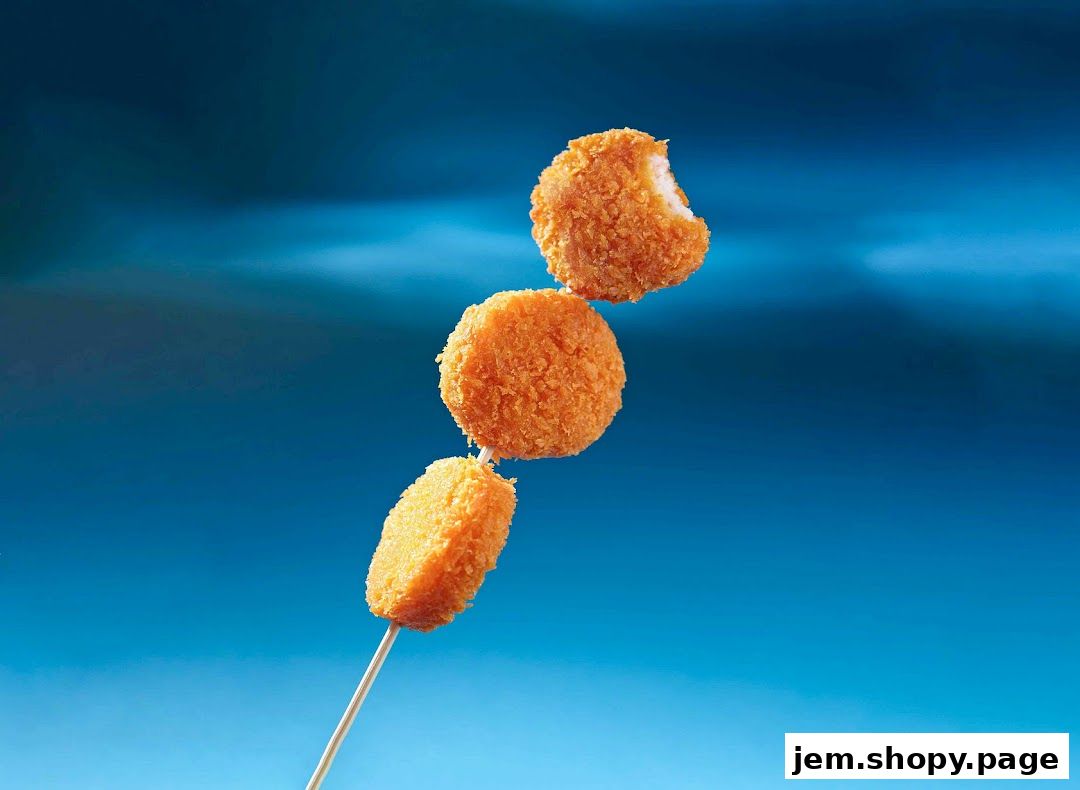 Three crispy fried snacks on a skewer against a blue background.