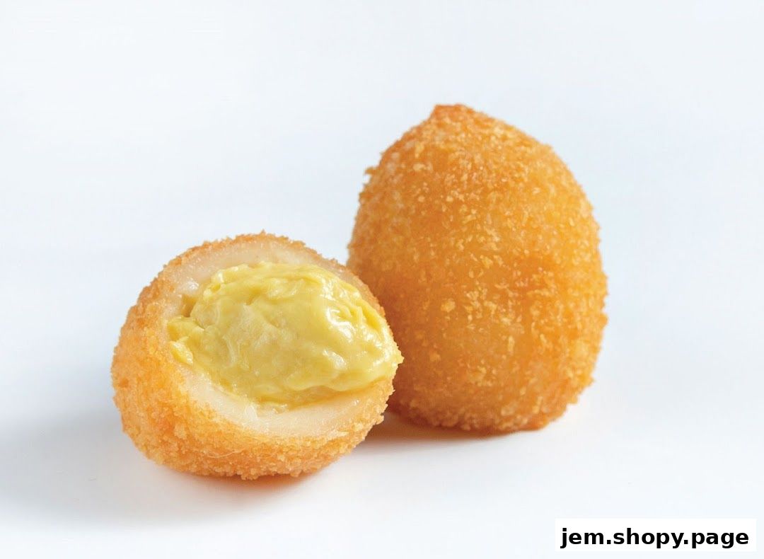 A close-up shot of two golden-brown, crispy fried snacks, one cut in half revealing a creamy yellow filling.