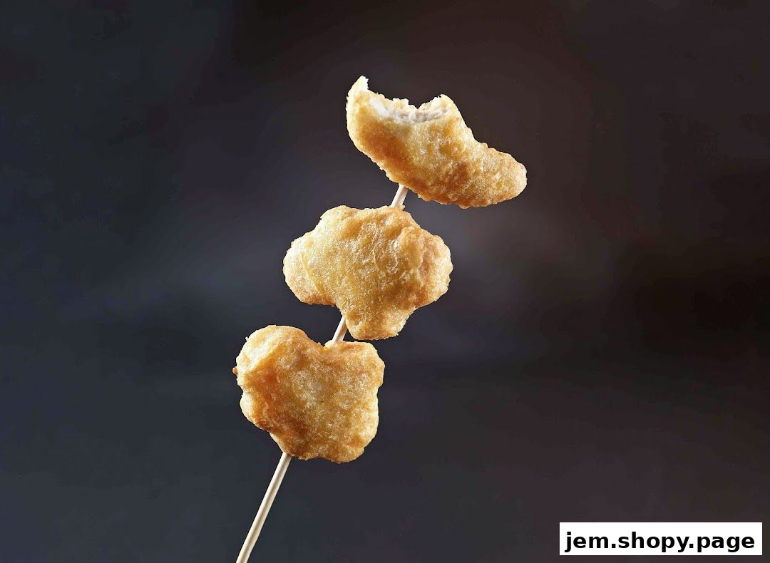 Three golden-brown chicken nuggets on skewers against a dark background.