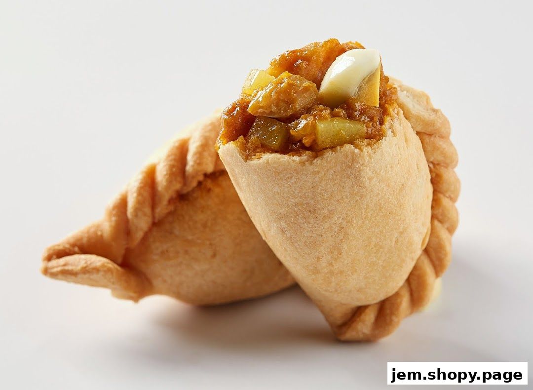 Two delicious curry puffs filled with savory ingredients, presented on a white background.