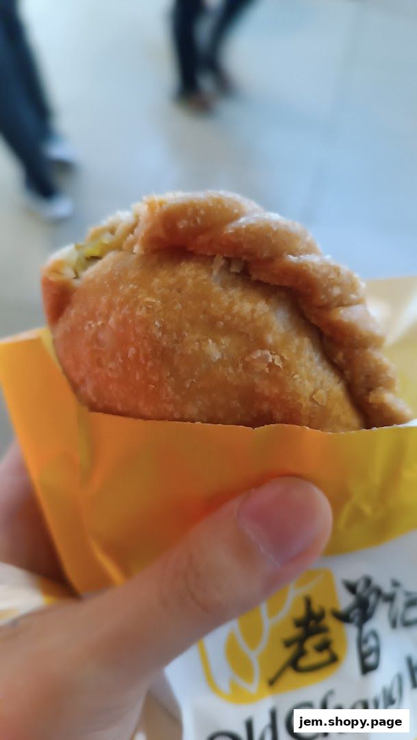 A close-up shot of a golden-brown, crispy pastry held in a hand.