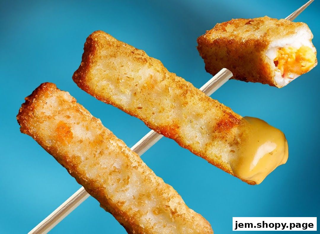 Crispy fried snacks on skewers with a side of dipping sauce against a blue background.