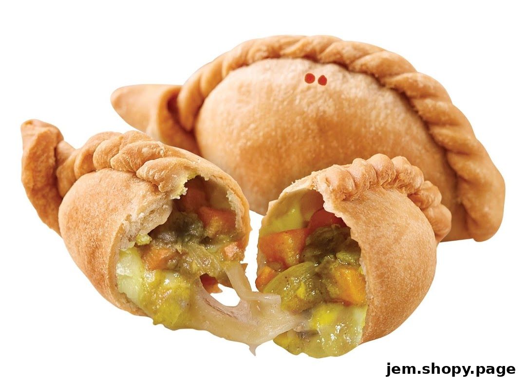 Close-up of two delicious curry puffs, one cut open revealing a cheesy, vegetable filling.