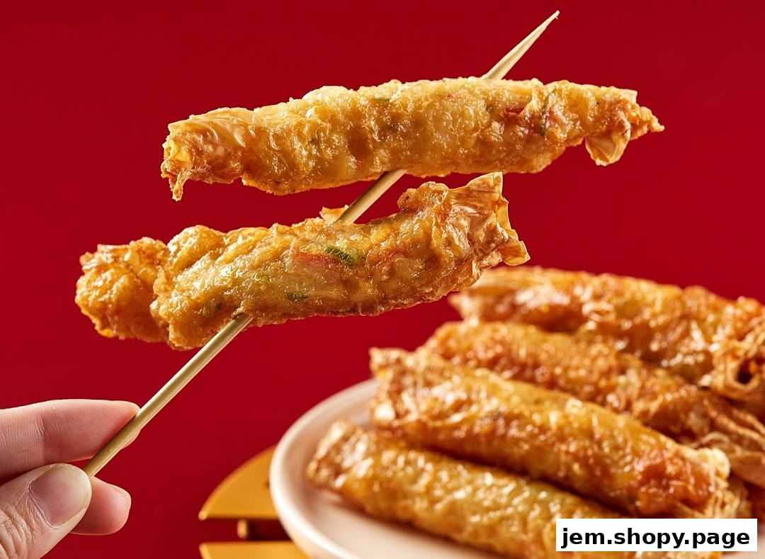 A hand holds skewers of crispy fried spring rolls against a vibrant red background.