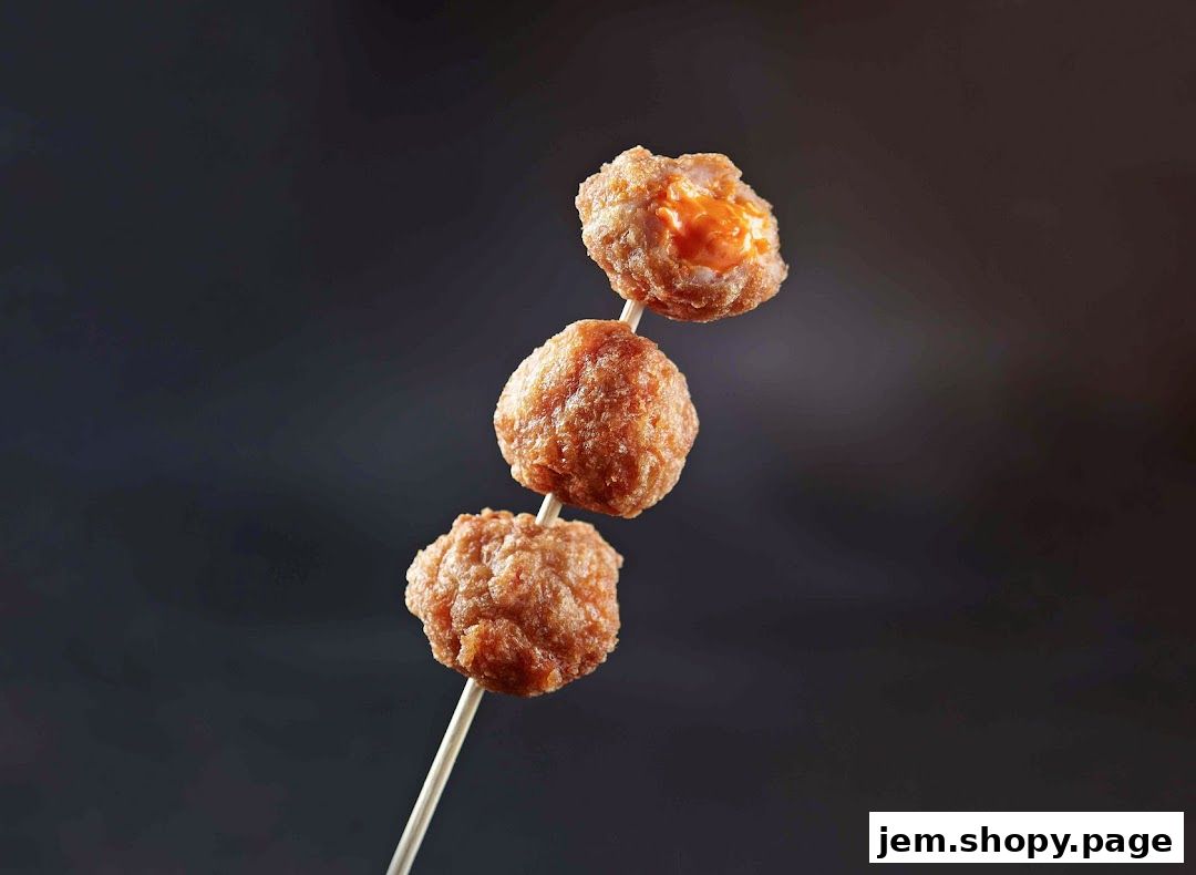 Three golden-brown fried balls on a skewer, one with visible orange filling.