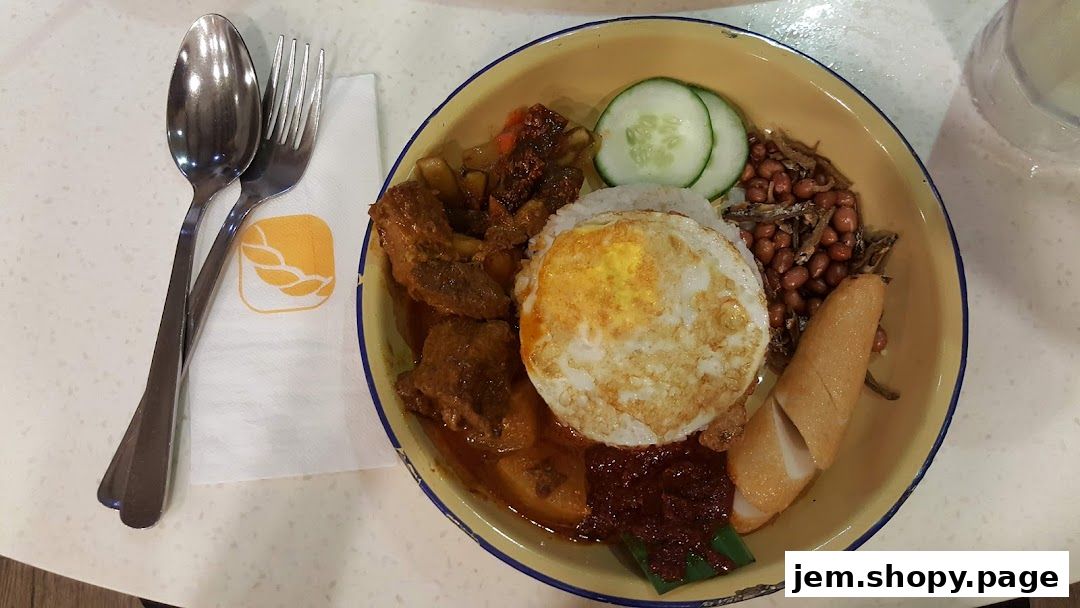 A close-up of a Nasi Lemak dish served in a traditional enamel plate with cutlery.