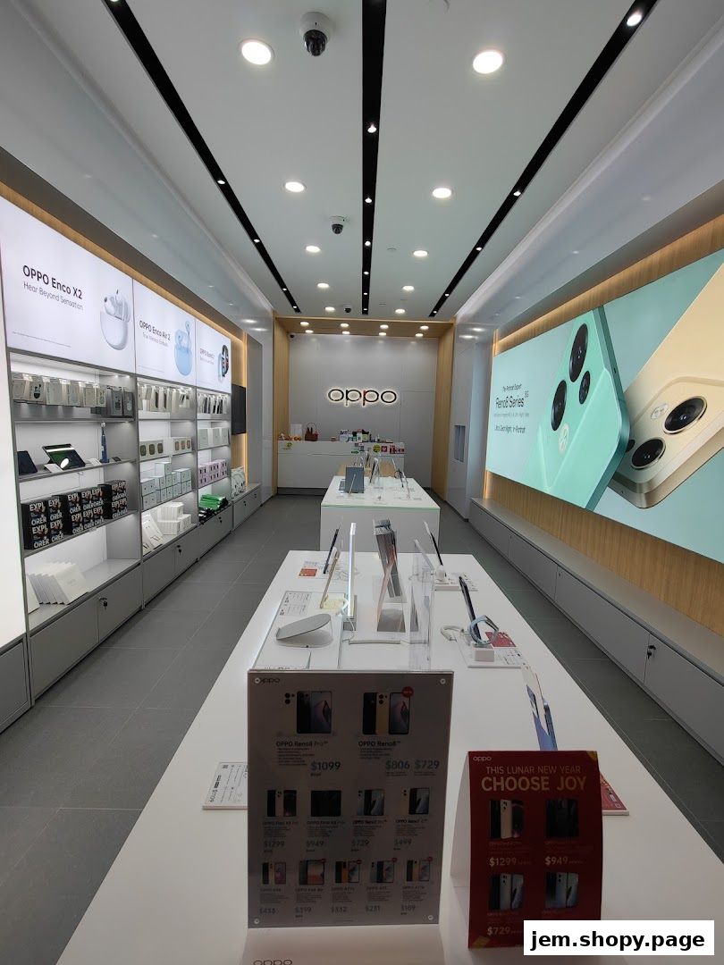 Interior of an OPPO concept store showcasing smartphones, earbuds, and accessories on display.