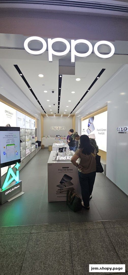 Interior view of an OPPO concept store showcasing phones and accessories.