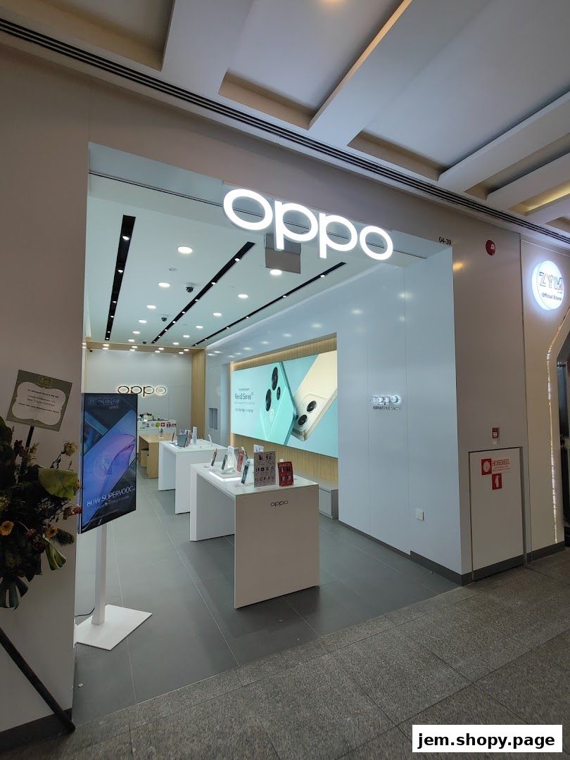 The entrance of an OPPO Concept Store showcasing the latest smartphones and technology.