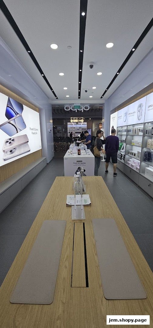 Interior view of an OPPO concept store showcasing smartphones and accessories.