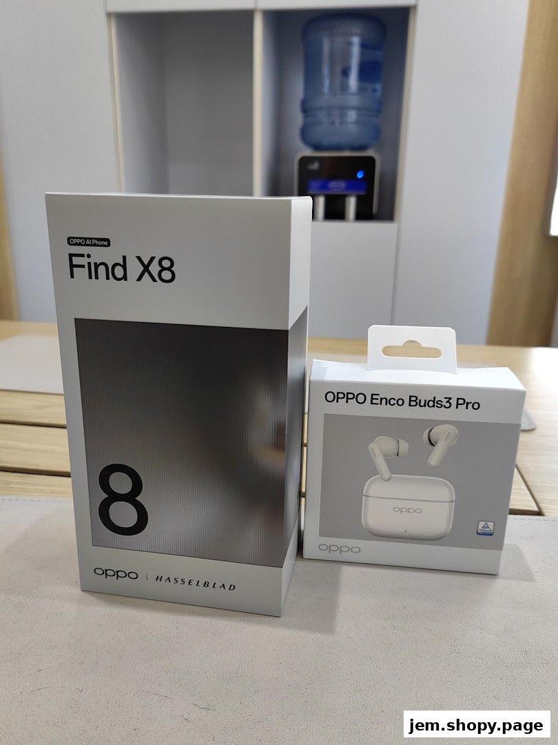 OPPO Find X8 phone box and OPPO Enco Buds3 Pro earbuds box displayed.