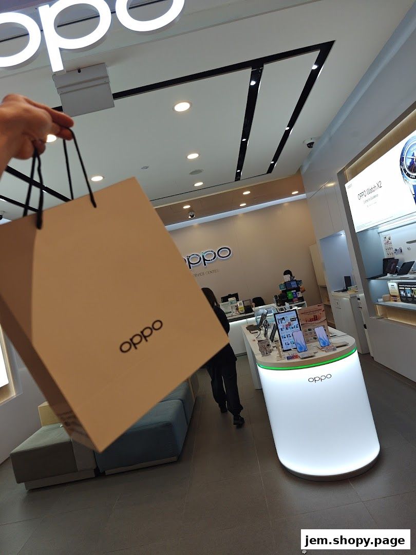 A shopping bag with the OPPO logo is held in front of an OPPO concept store interior.
