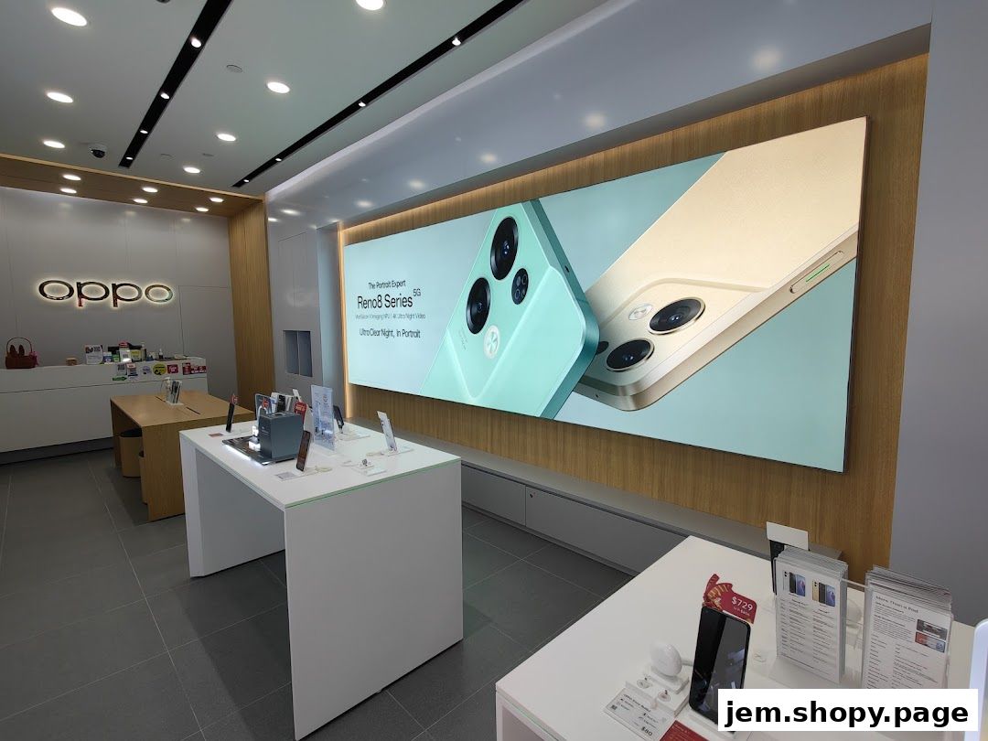 Interior of an OPPO concept store showcasing the Reno8 Series phones and store branding.