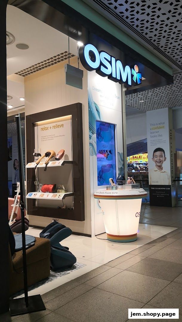 OSIM shop front displaying massage products and a digital screen with deals.