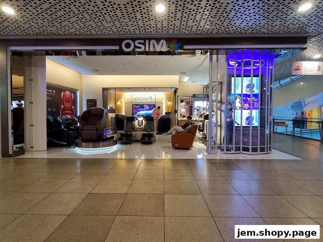 The OSIM shop front displays various massage chairs and wellness products.