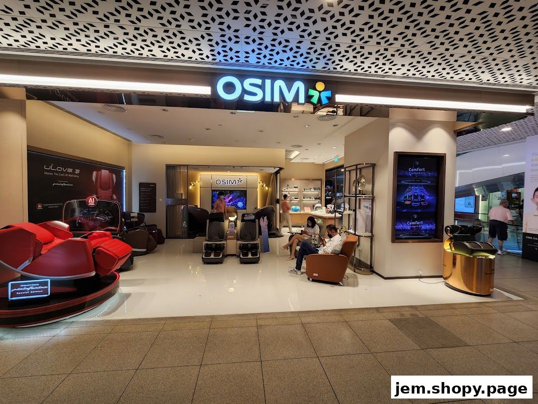 OSIM shop interior showcasing massage chairs and wellness products with customers browsing.