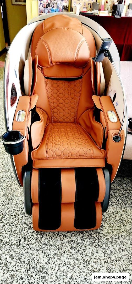 A luxurious brown leather massage chair with a built-in tablet holder and cup holder.