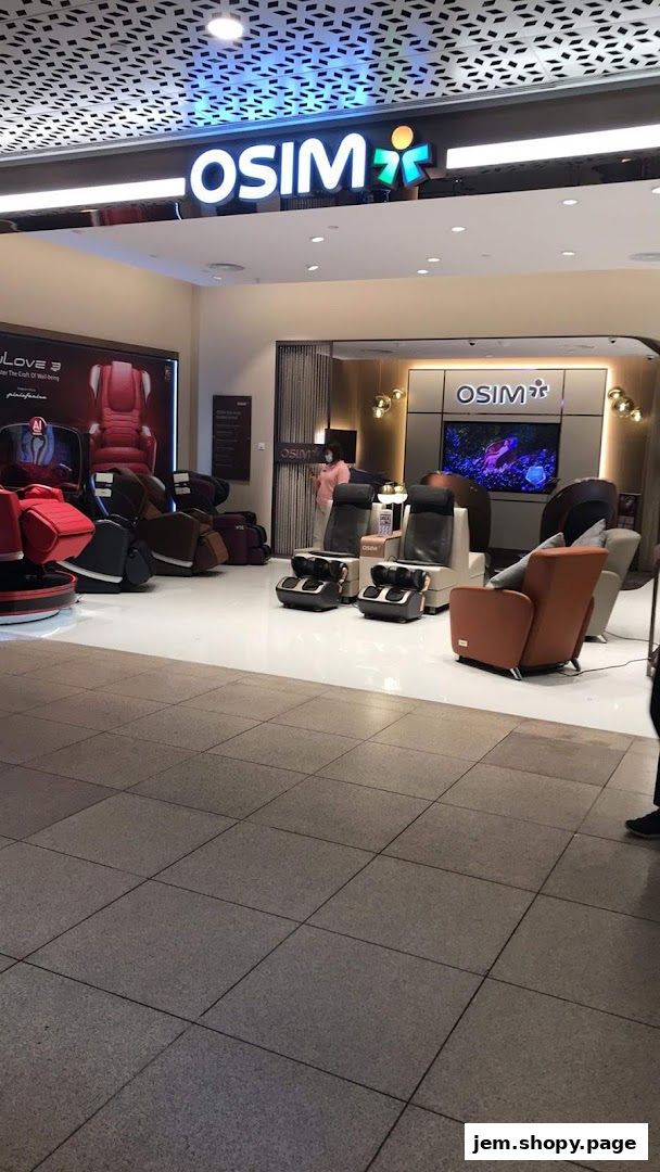 OSIM shop front displaying various massage chairs and foot massagers.