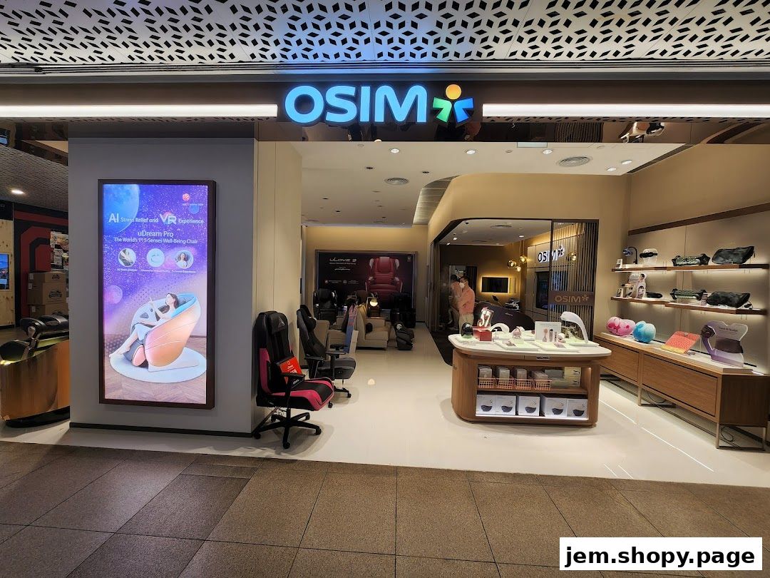 OSIM shop interior showcasing massage chairs and wellness products.