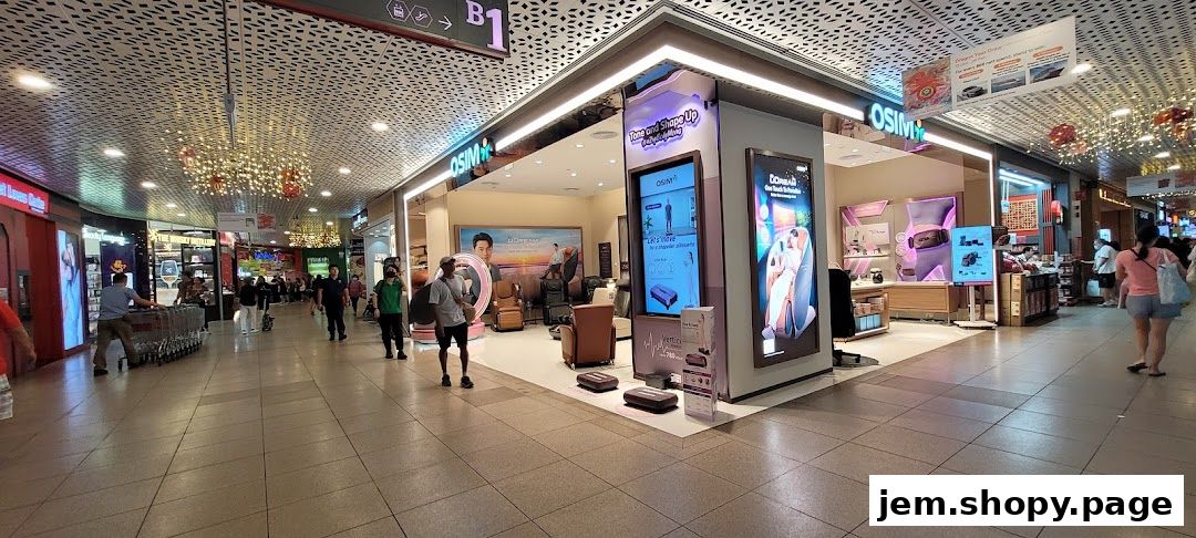 The OSIM shop front displays massage chairs and wellness products with digital advertisements.