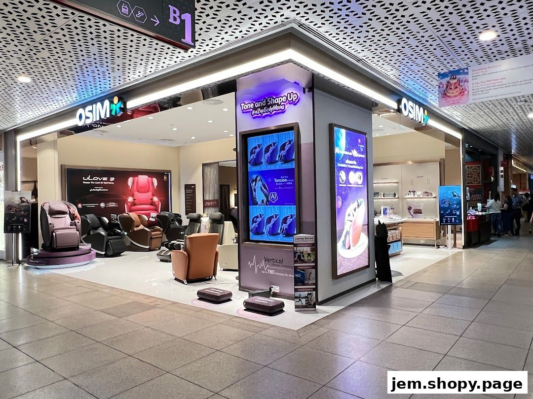 OSIM shop front displaying various massage chairs and wellness products.
