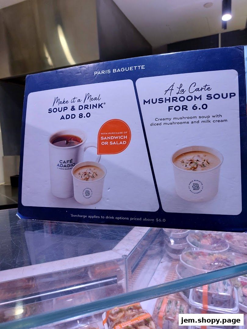 Paris Baguette menu board featuring soup and drink deals and a la carte mushroom soup.
