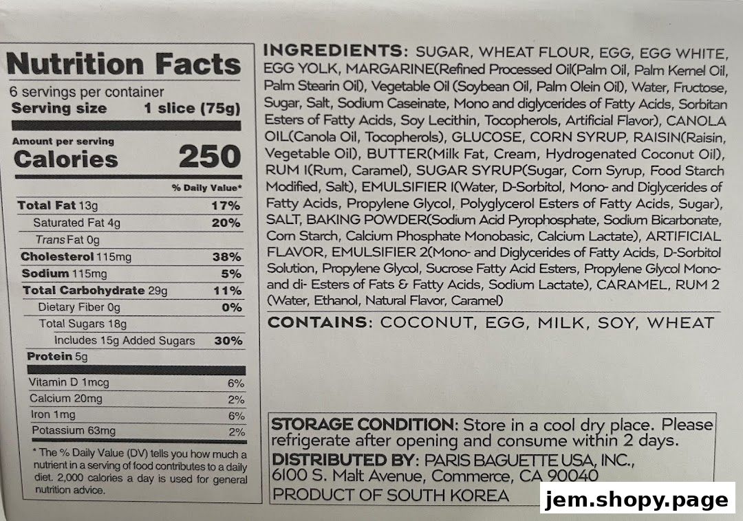 Nutrition facts and ingredients list for a Paris Baguette product.