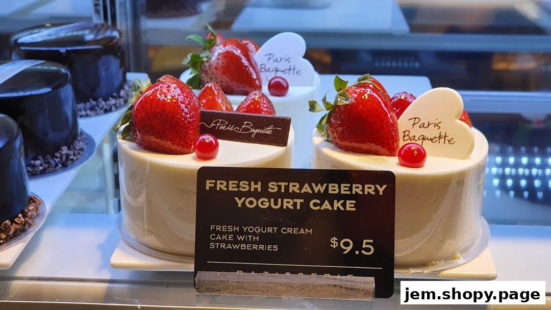Paris Baguette offers a fresh strawberry yogurt cake with fresh yogurt cream and strawberries.