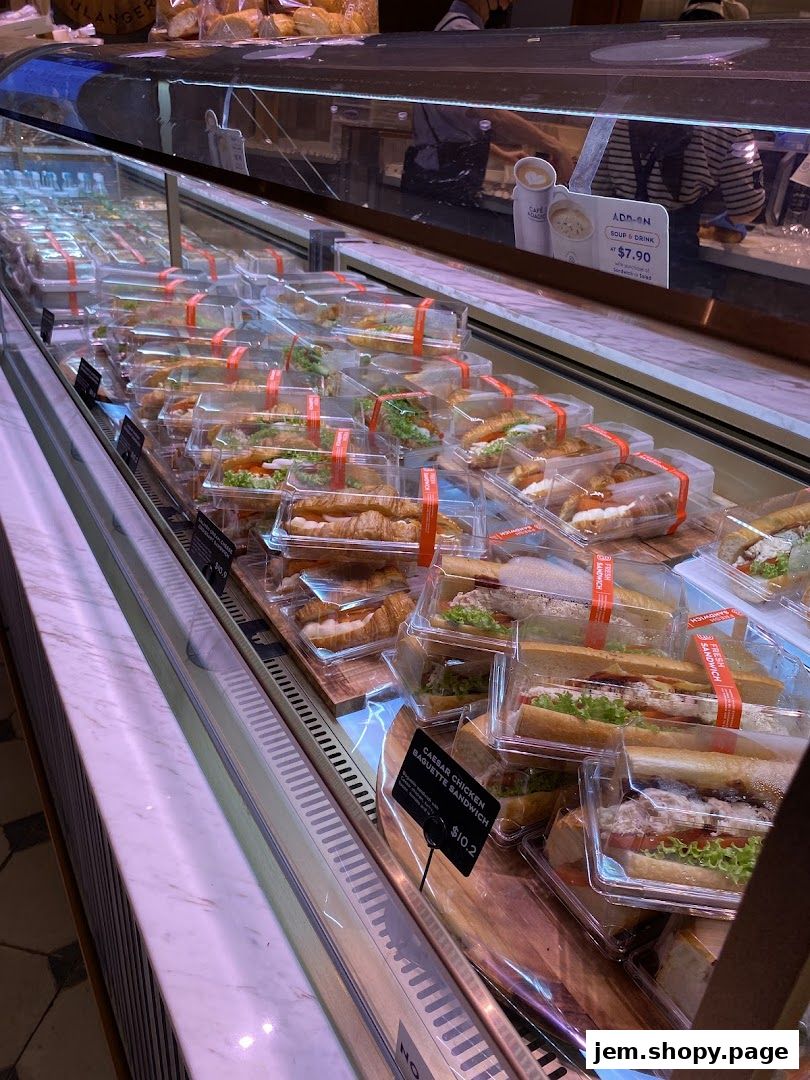 A display case filled with pre-packaged sandwiches and croissants at Paris Baguette.