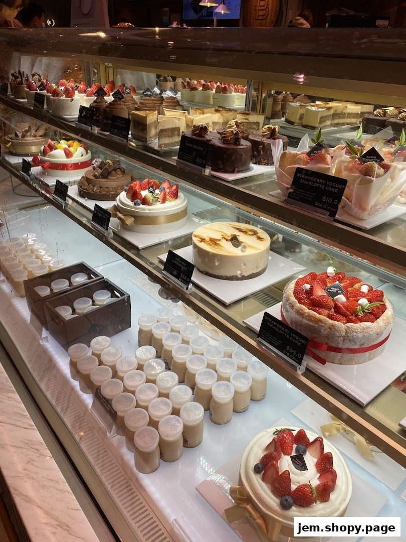 A display case filled with various cakes, pastries, and desserts at Paris Baguette.