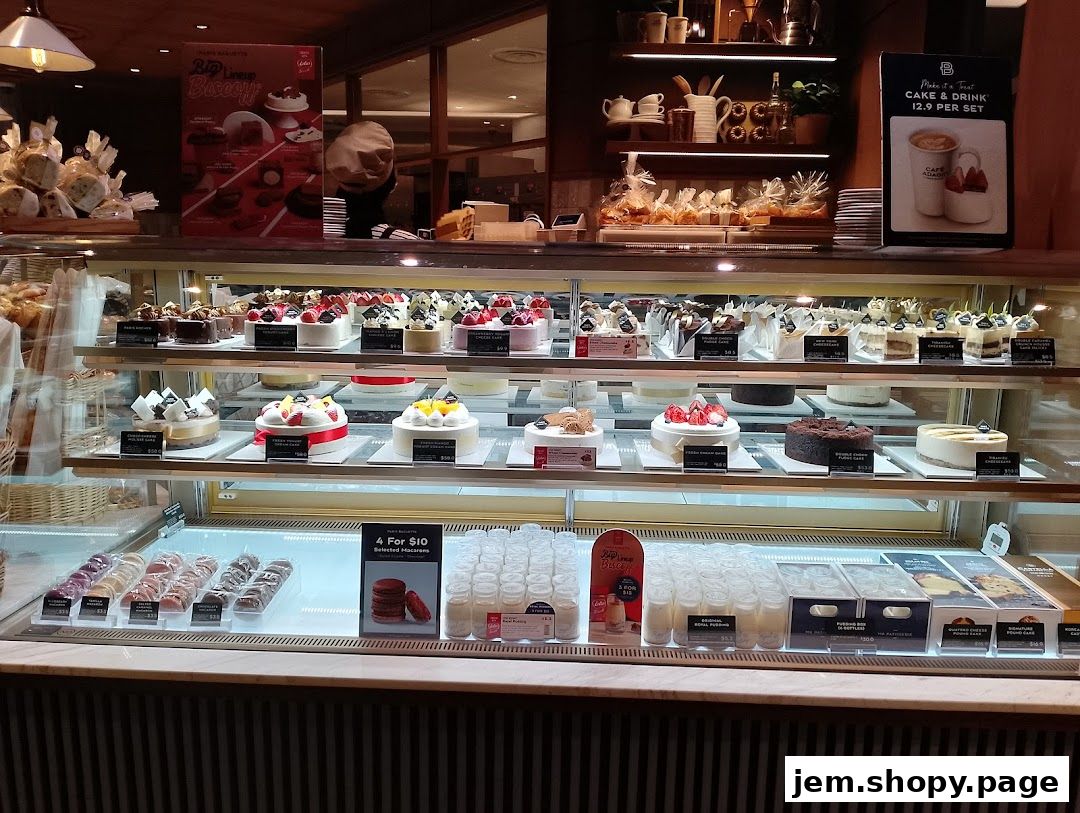 A display case filled with various cakes, pastries, and desserts at Paris Baguette.