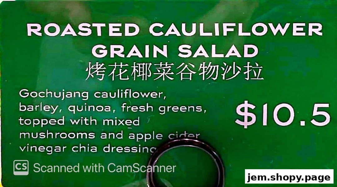 A menu item for Roasted Cauliflower Grain Salad with ingredients and price.