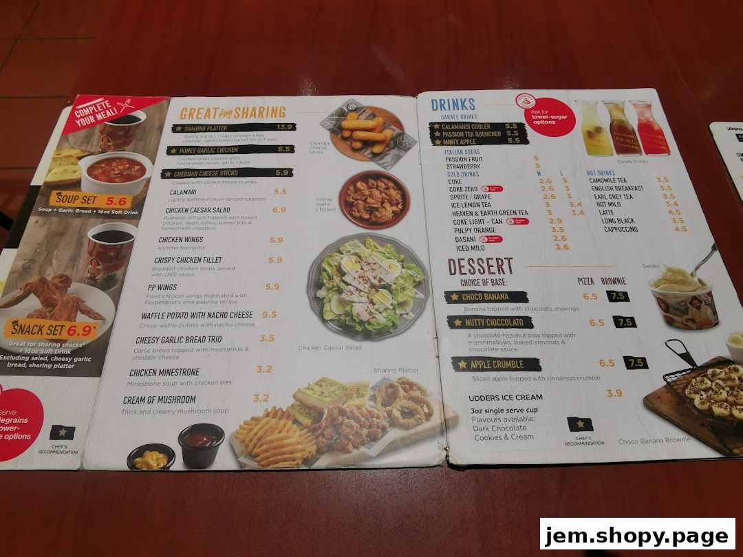 A menu from PastaMania showing sharing platters, snacks, drinks, and desserts with prices.