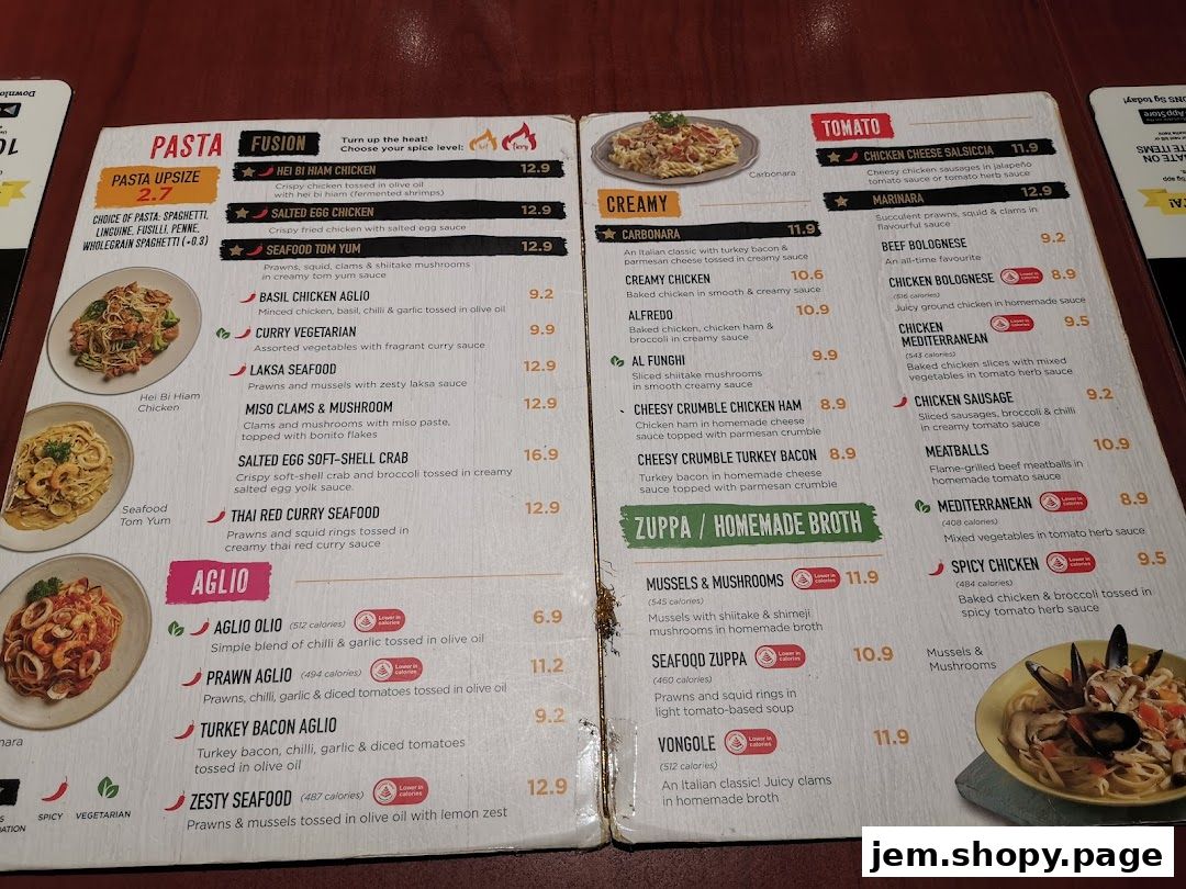 A menu from PastaMania featuring various pasta dishes, soups, and tomato-based options.