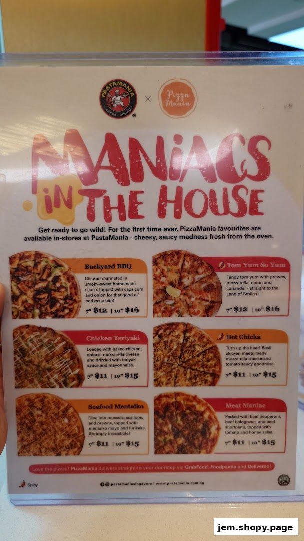 A menu showcasing various pizzas from PastaMania and PizzaMania.