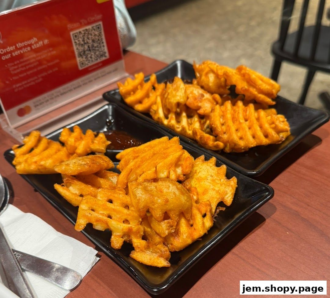 Two plates of crispy waffle fries with a side of dipping sauce on a wooden table.
