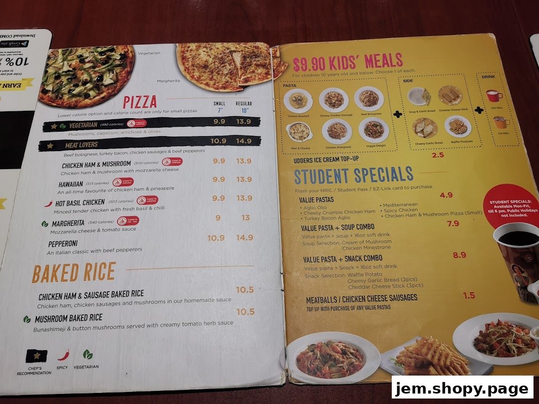 A menu from PastaMania featuring pizzas, baked rice, kids' meals, and student specials.
