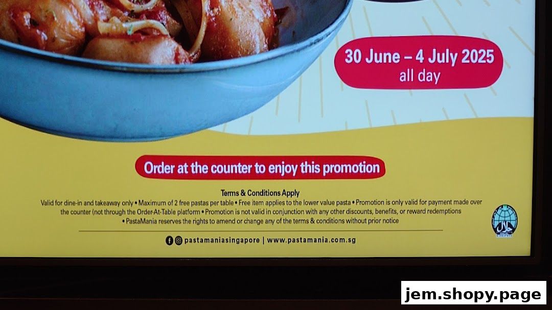 A promotional poster for PastaMania featuring a pasta dish and promotion details.