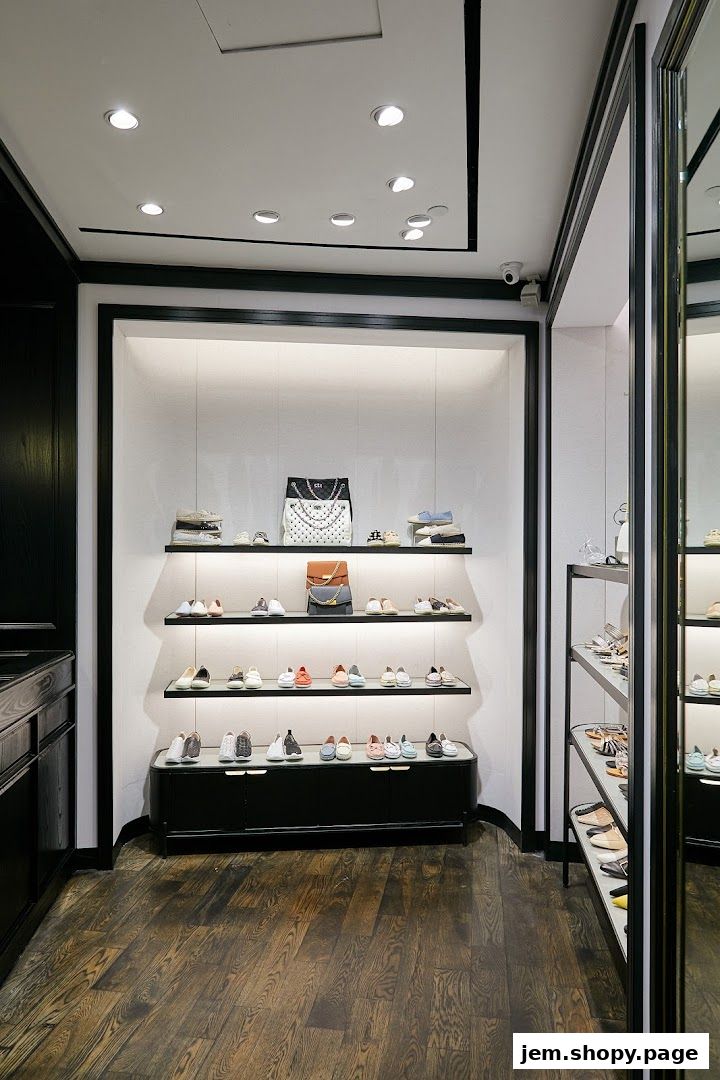 Interior view of a shoe store displaying various footwear and handbags on shelves.