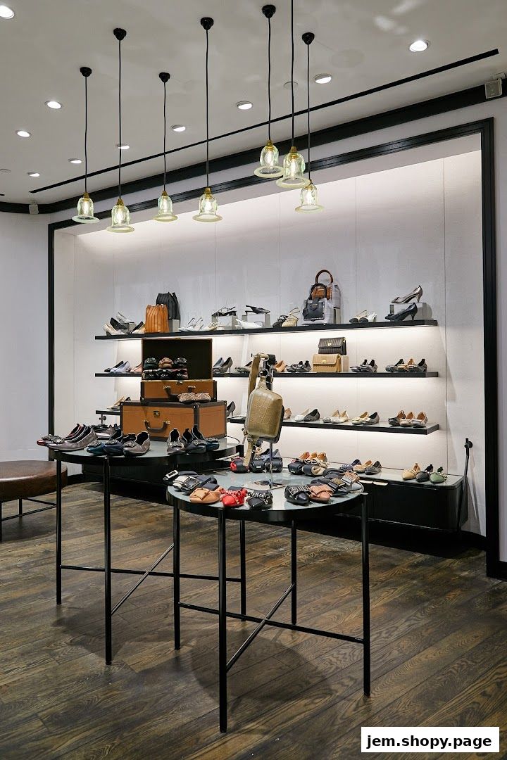 Interior view of a shoe store displaying various women's shoes and handbags on shelves and tables.