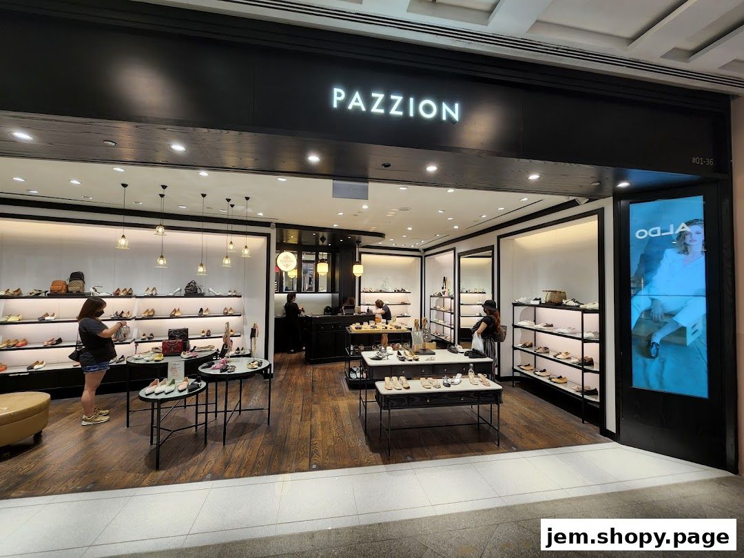 PAZZION shoe store interior showcasing a wide selection of footwear on display shelves.