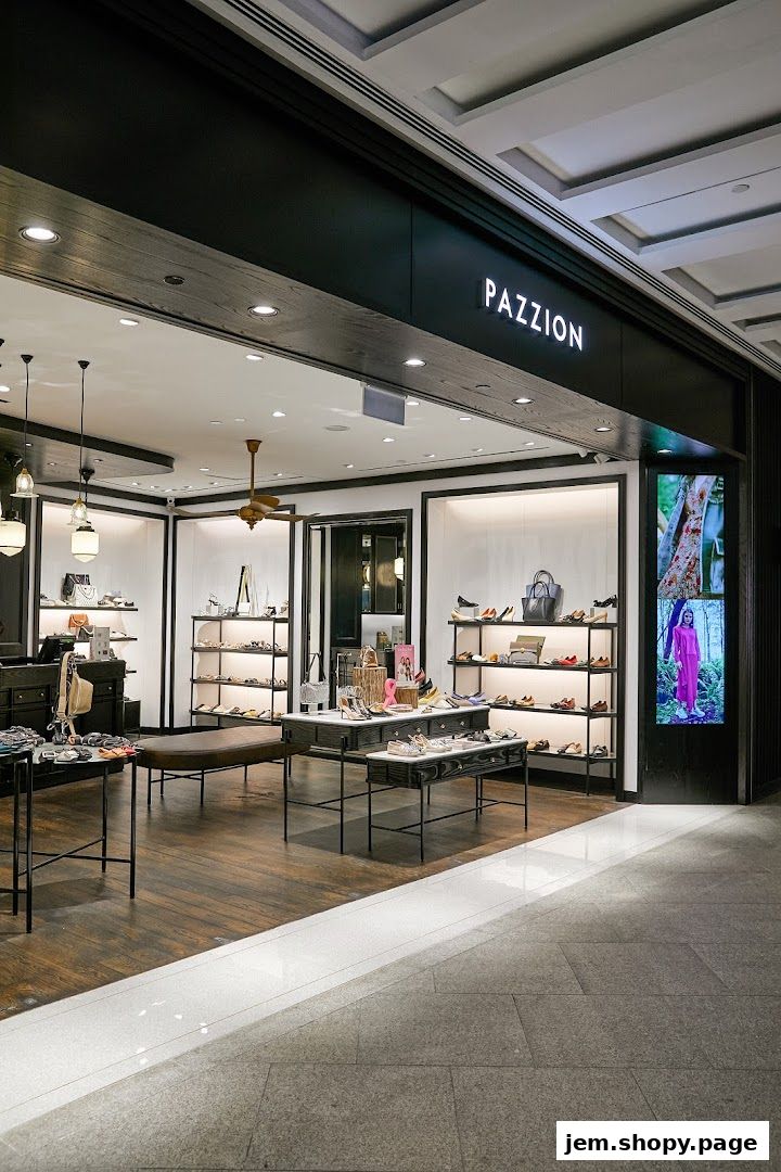 Interior view of a PAZZION shoe and handbag store with displays of merchandise.