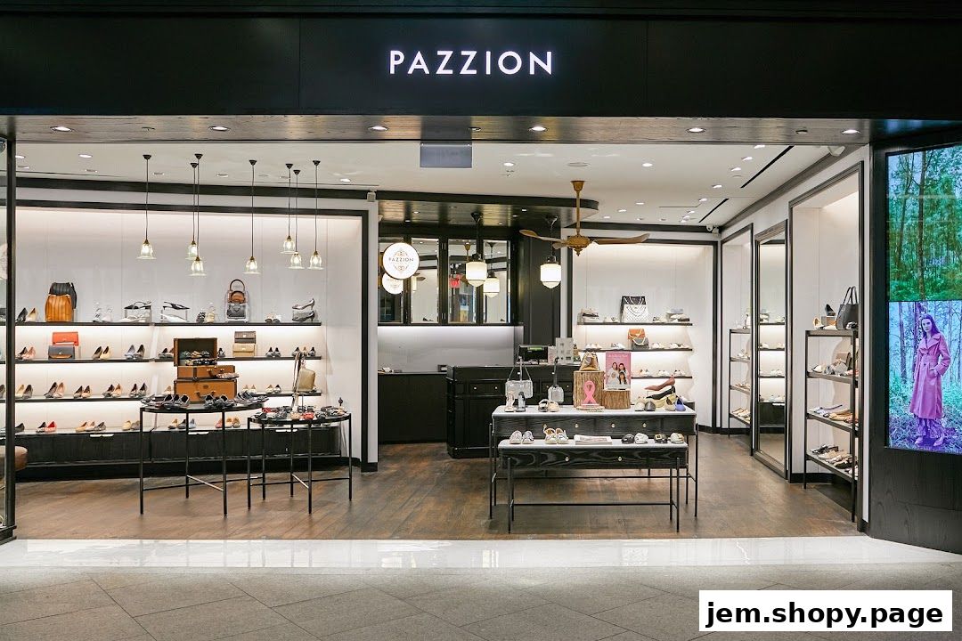 PAZZION shoe store interior showcasing a wide selection of footwear and handbags.