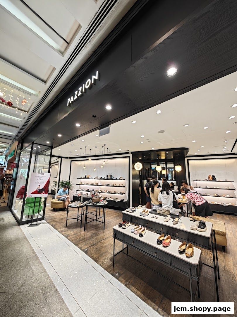 Interior view of PAZZION shoe store showcasing various footwear on display and customers browsing.